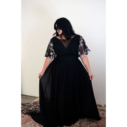 O Neck Short Cap Sleeve Open Back Lace Train A Line Gothic Black Wedding Dress
