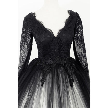 Elegant V Neck Long Lace Sleeve Tulle A Line Gothic Black Wedding Dress