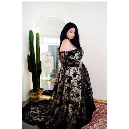 Sexy Strapless Off the Shoulder Long Sleeve Open Back Full Lace A Line Gothic Black Wedding Dress
