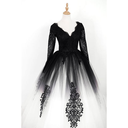 Elegant V Neck Long Lace Sleeve Tulle A Line Gothic Black Wedding Dress