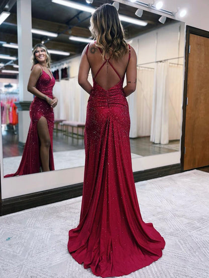 Roycebridal Kaylani |Mermaid V Neck Glitter Jersey Long Prom Dress with Slit