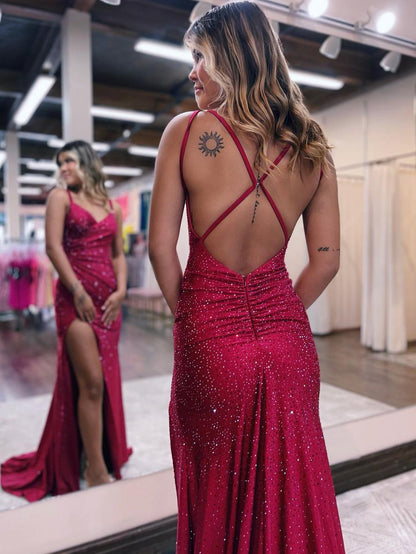 Roycebridal Kaylani |Mermaid V Neck Glitter Jersey Long Prom Dress with Slit