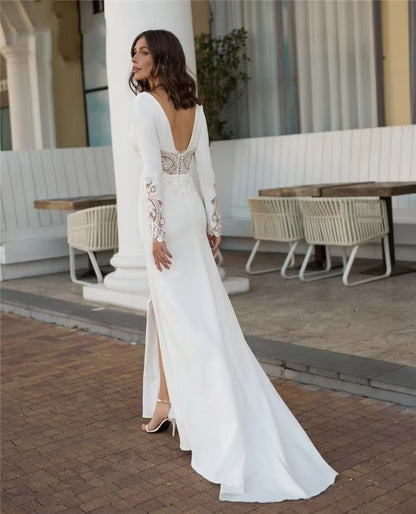 Ivory Slit Lace Long Sleeve Satin Mermaid Wedding Dress Customized
