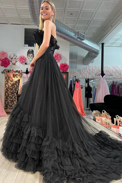 Roycebridal Alani |A-Line Strapless Pink Tiered Long Tulle Prom Dress