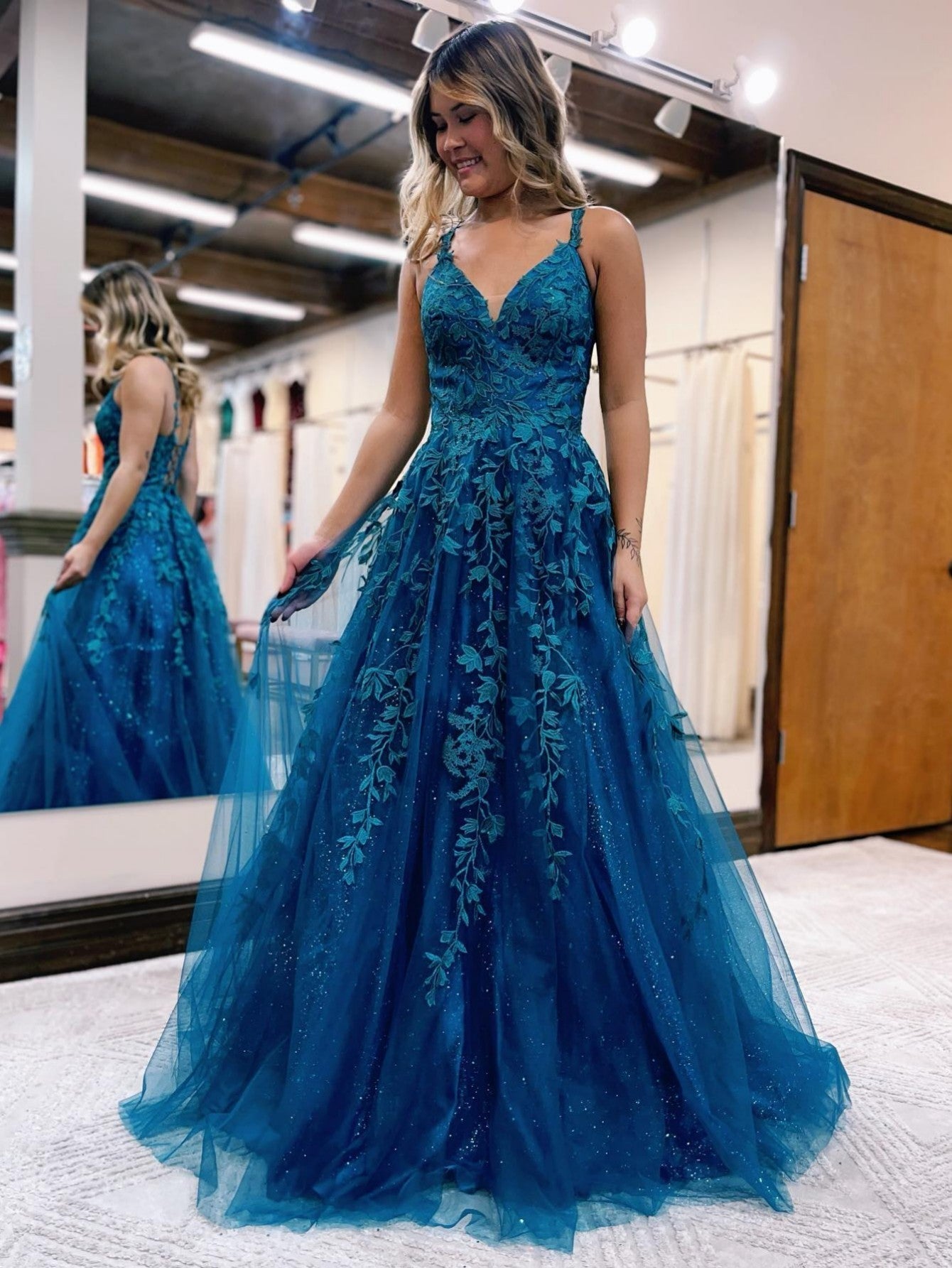Roycebridal Veronica |A Line Ink Blue Glitter Tulle Lace Prom Dress