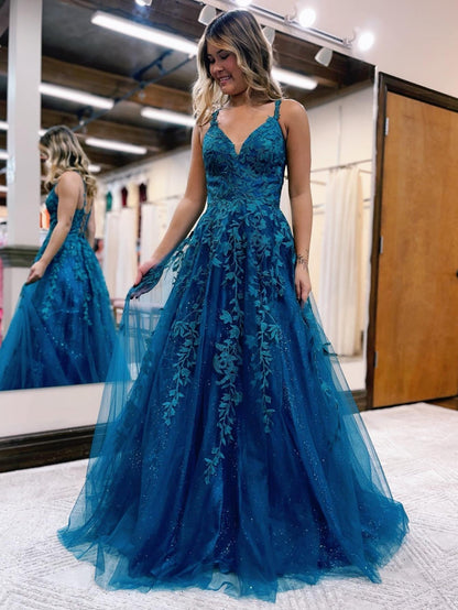Roycebridal Veronica |A Line Ink Blue Glitter Tulle Lace Prom Dress