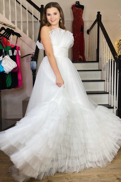 Roycebridal Alani |A-Line Strapless Pink Tiered Long Tulle Prom Dress