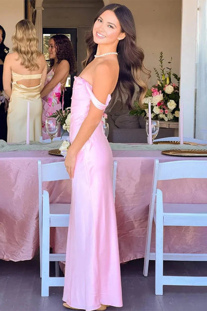 Pink Off The Shoulder Sheath Satin Long Mermaid Prom Dress