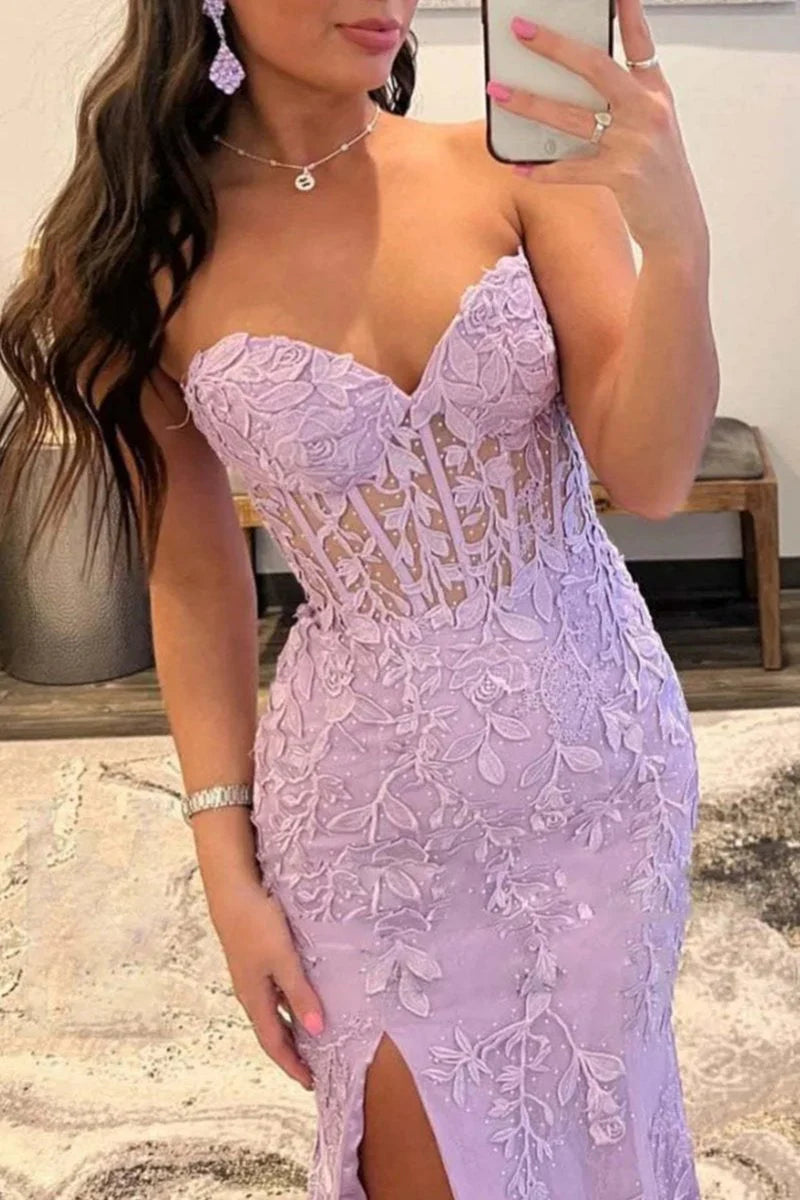 Slit Strapless Corset Lace Mermaid Prom Dress