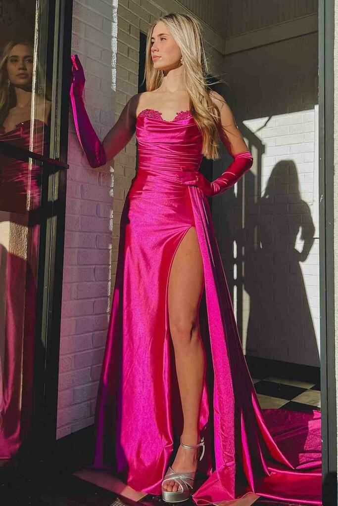 Roycebridal Vida |Mermaid Strapless Satin Prom Dress with Slit