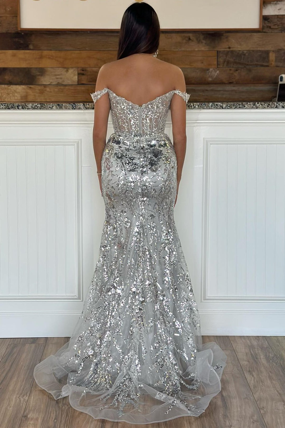 Roycebridal Soleil | Gold Sequin Lace Off the Shoulder Mermaid Prom Dress