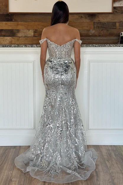 Roycebridal Soleil | Gold Sequin Lace Off the Shoulder Mermaid Prom Dress