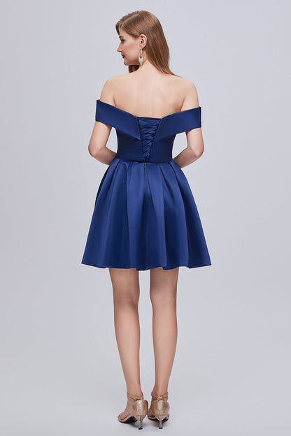 Cute Off The Shoulder Lace Up Satin Homecoming Dresses