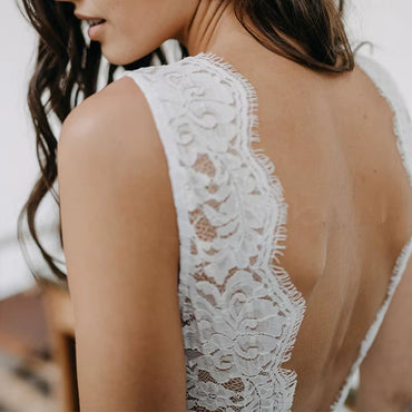 Ivory Country V Neck Open Back Lace A-Line Wedding Dress Customized