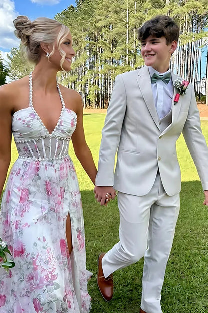 Pink Halter Floral Chiffon Ruffled With Beading Formal A Line Prom Dress