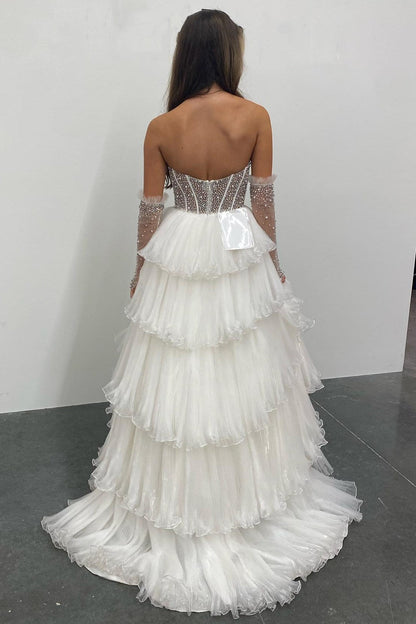 Roycebridal Lana |A-line Sweetheart Tiered Organza Prom Dress with Detachable Sleeves