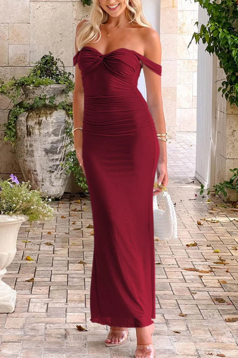 Sky Blue Off The Shoulder Pleated Sheath Long Mermaid Prom Dress