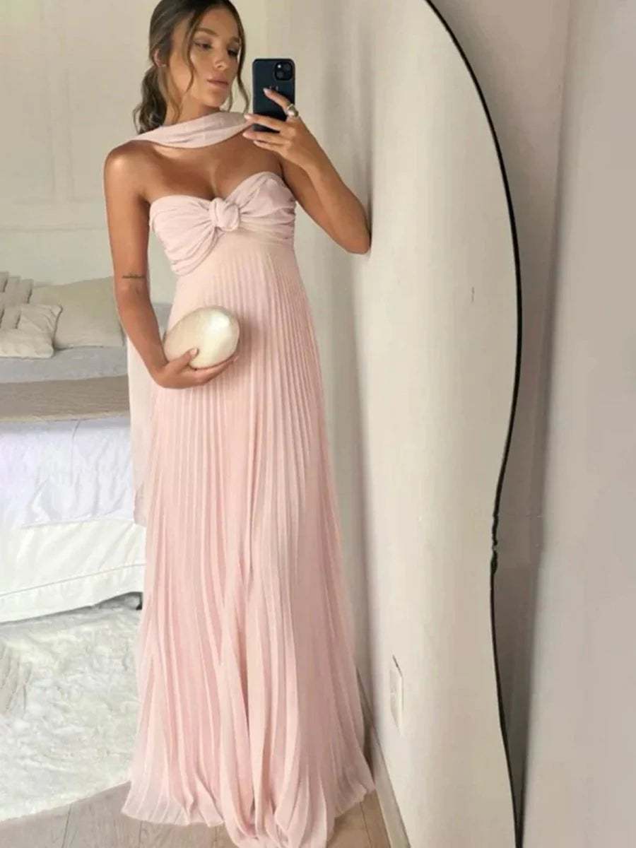 Light Pink Strapless Chiffon A Line Long Prom Dress