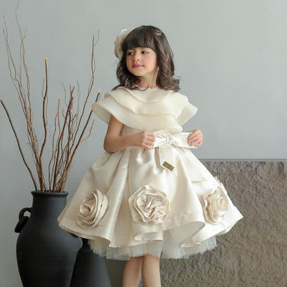 Roycebridal Elegant Beige Girl Dresses Handmade Flowers with Headgear for Kids Wedding Birthday Holiday Party Gown 2025 J104