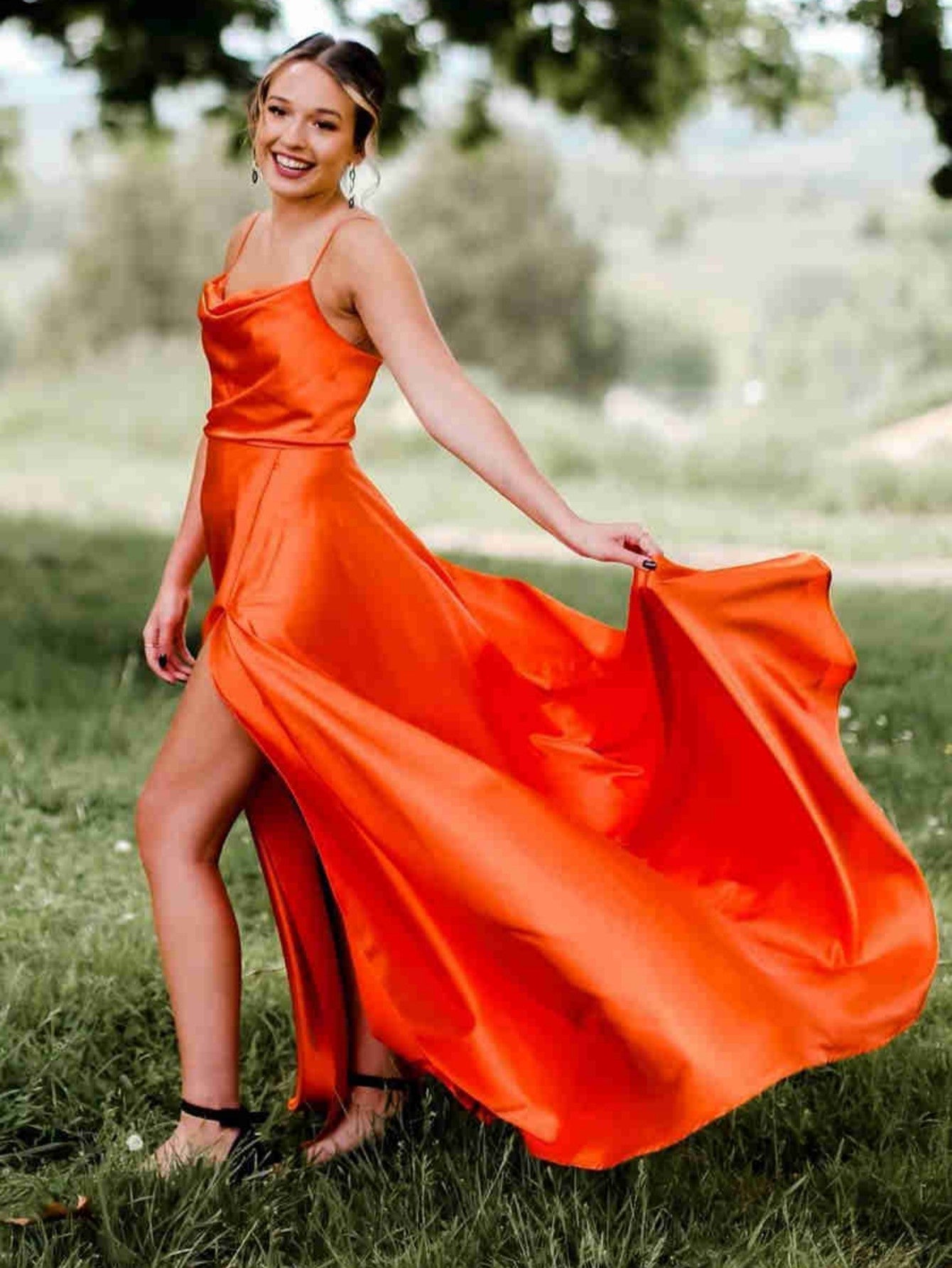 Roycebridal Araya |A Line Cowl Neck Satin Prom Dress With Slit