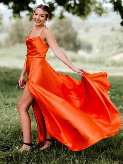 Roycebridal Araya |A Line Cowl Neck Satin Prom Dress With Slit