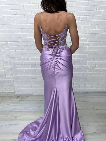 Lavender V Neck Appliques Satin Long Mermaid Prom Dress