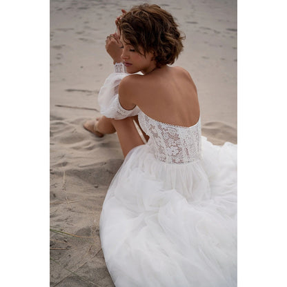 Boho Sweetheart Neck Long Puff Sleeve Lace Top A Line Wedding Dress