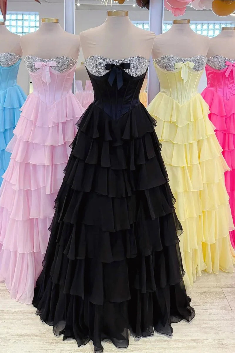 Pink Sweetheart Chiffon Ruffled Beading Long Formal A Line Prom Dress