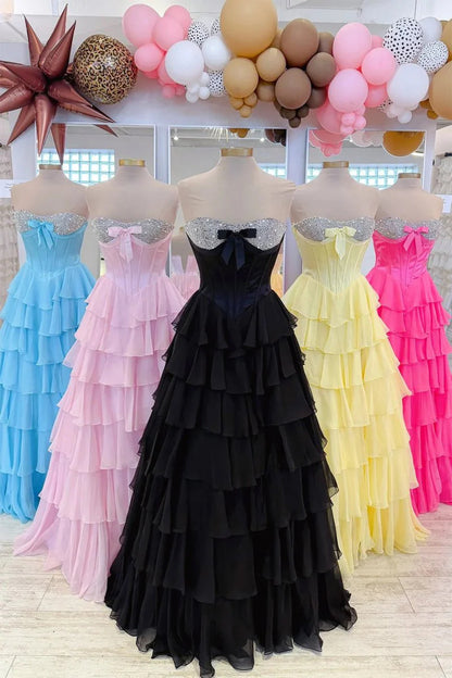 Pink Sweetheart Chiffon Ruffled Beading Long Formal A Line Prom Dress