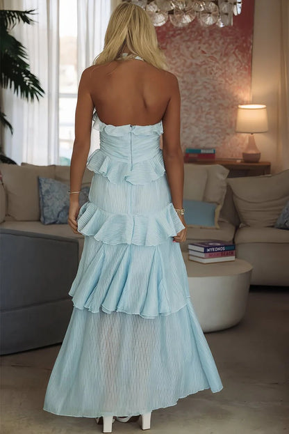 Sky Blue Halter Sheath Pleated Ruffles Chiffon Long Mermaid Prom Dress