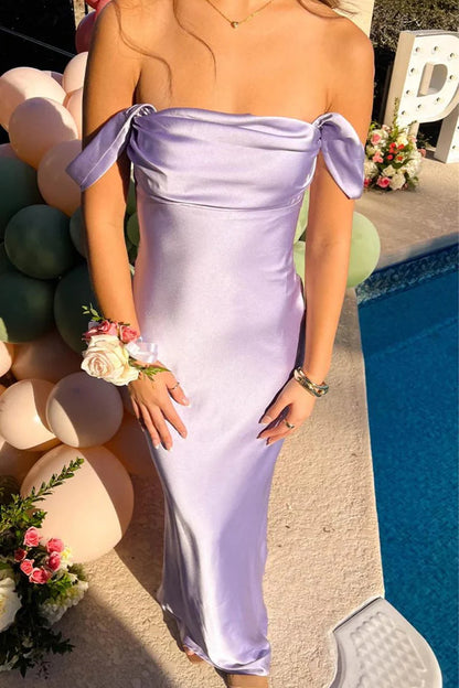 Lilac Off The Shoulder Sheath Satin Long Mermaid Prom Dress