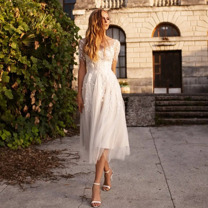 Boho Floral Short Sleeves Midi Lace Button A-Line Wedding Dress Custom Made Customized