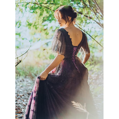 Sexy V Neck Short Cap Sleeve Open Back Lace Up Appliques Tulle Dark Purple A Line Gothic Black Wedding Dress