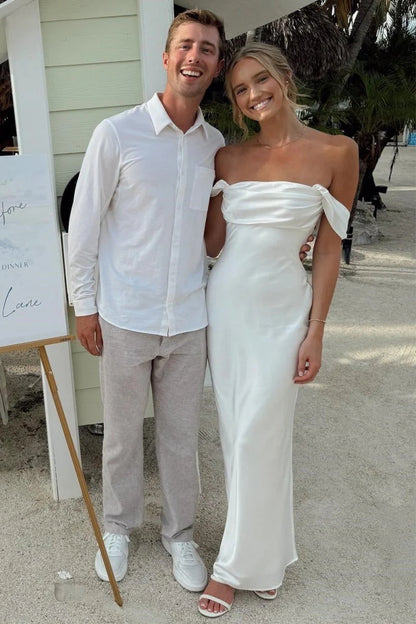 White Off The Shoulder Sheath Satin Long Mermaid Prom Dress