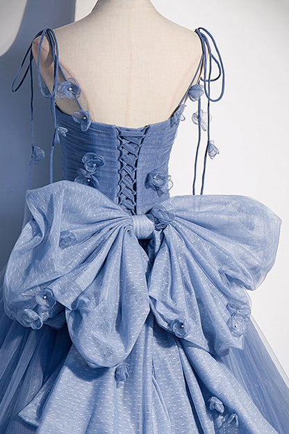 Roycebridal Karla | Blue Tulle Long A-Line Prom Dress Blue Spaghetti Straps Party Dress with Bow