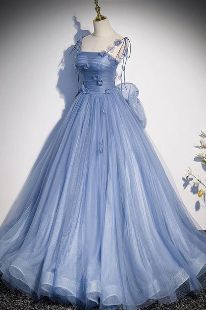 Roycebridal Karla | Blue Tulle Long A-Line Prom Dress Blue Spaghetti Straps Party Dress with Bow