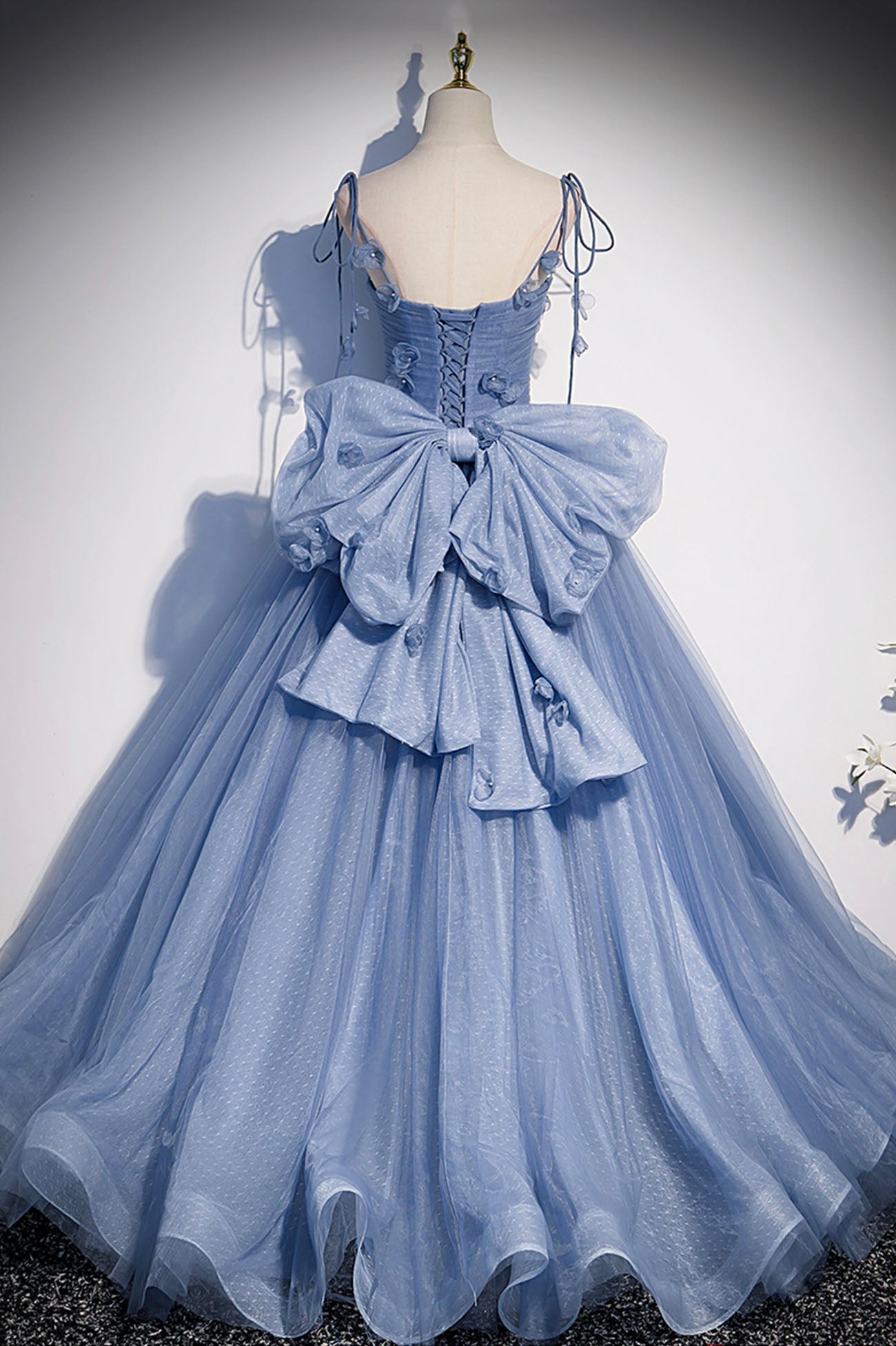 Roycebridal Karla | Blue Tulle Long A-Line Prom Dress Blue Spaghetti Straps Party Dress with Bow