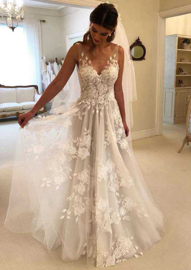 Ivory V-Neck A-Line Court Train Wedding Dresses with Lace Decoration Customized
