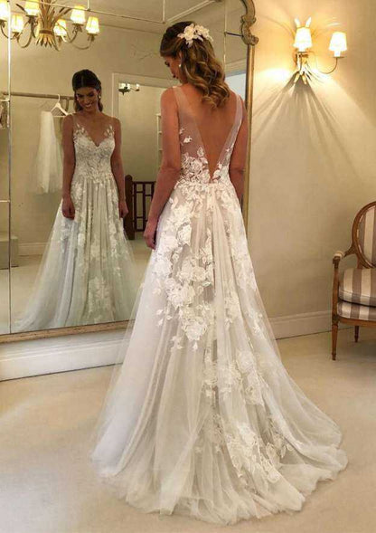 Ivory V-Neck A-Line Court Train Wedding Dresses with Lace Decoration Customized