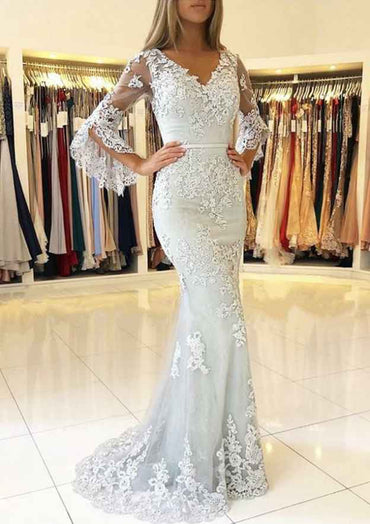 Trumpet/Mermaid V Neck 3/4 Sleeve Sweep Train  Prom Dress With Waistband Appliqued Customized