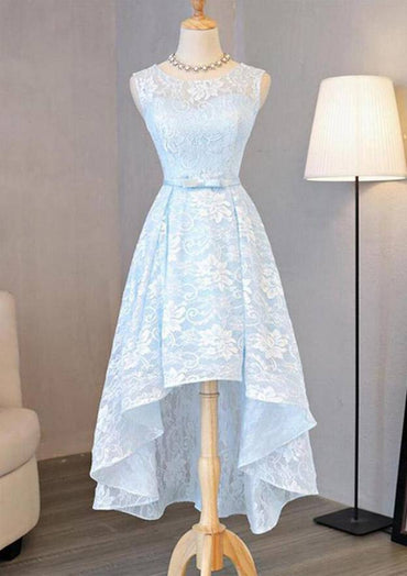 Light Blue A-line Bateau Sleeveless Asymmetrical Lace Prom Dress With Waistband Bowknot Customized