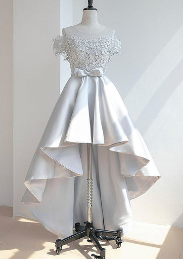 Ivory A-line Illusion Neck Short Sleeve Satin Asymmetrical Homecoming Dress With Bow Appliqued Waistband Customized
