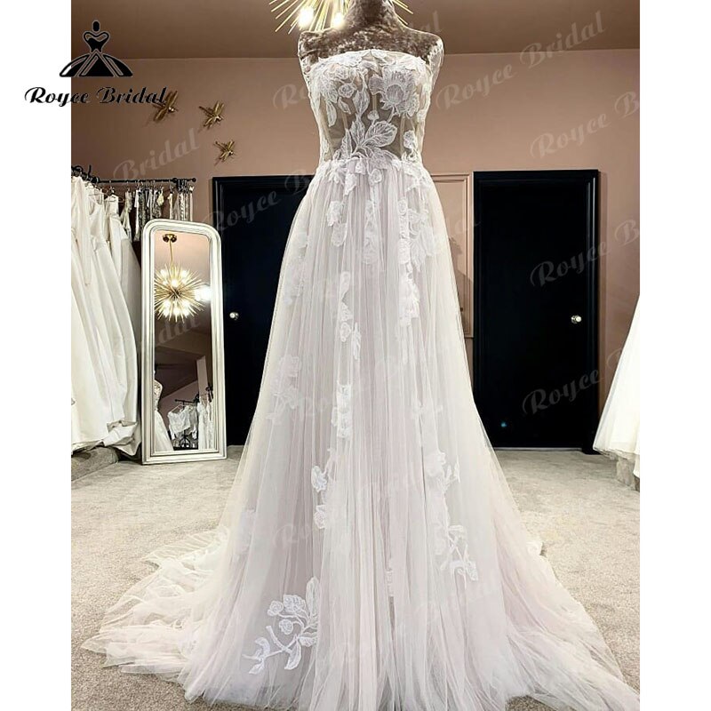 Roycebridal Robe Chic Lace Appliques A Line Boho Wedding Dress Beach Off the Shoulder Floral Bridal Gown for Women Wedding Party Gowns