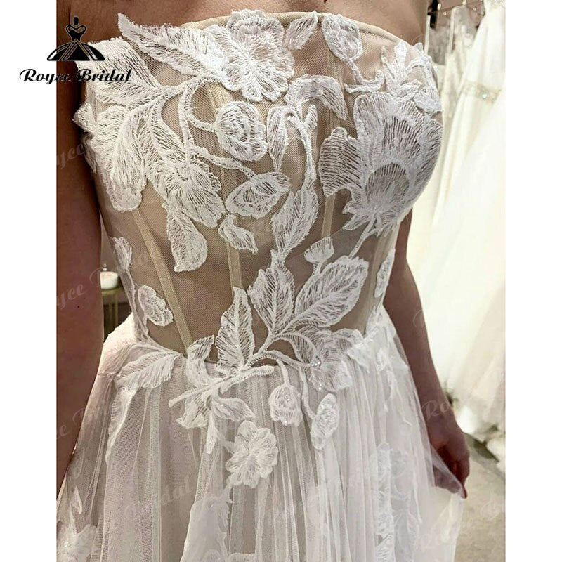 Roycebridal Robe Chic Lace Appliques A Line Boho Wedding Dress Beach Off the Shoulder Floral Bridal Gown for Women Wedding Party Gowns