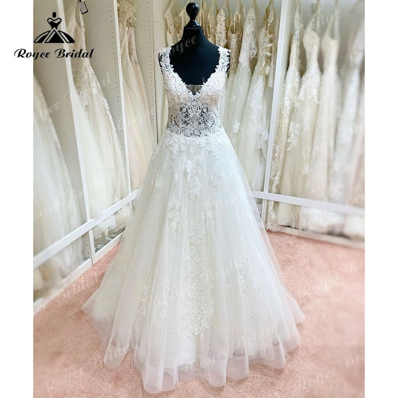 2023 Robe Mariee A Line Wedding Dress V Neck Lace Applique Backless Court Tank Bridal Gown vestido de noiva praiano Custom Made