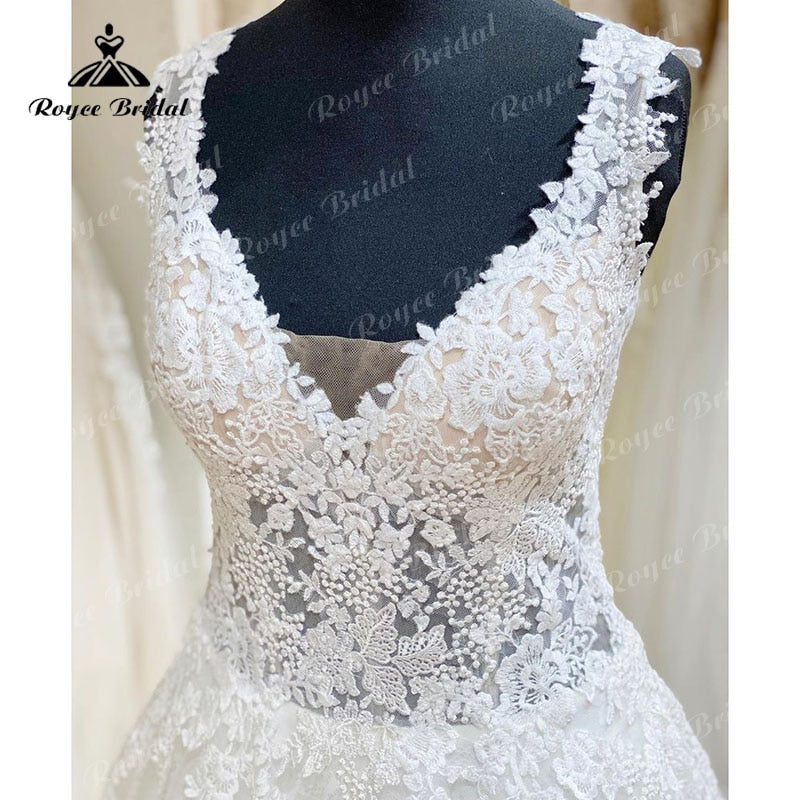 2023 Robe Mariee A Line Wedding Dress V Neck Lace Applique Backless Court Tank Bridal Gown vestido de noiva praiano Custom Made