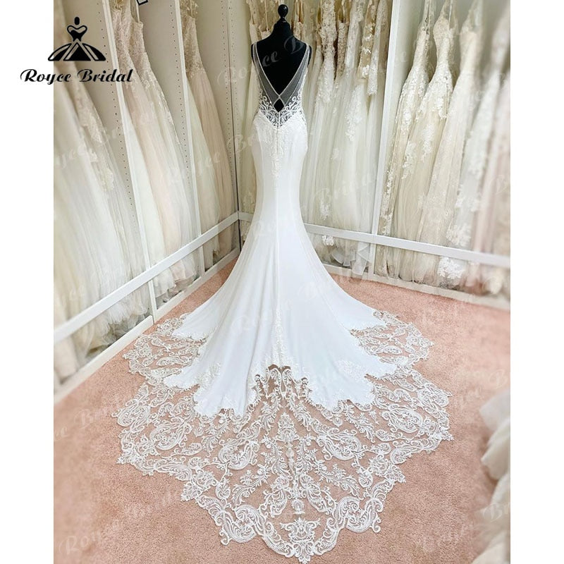 2023 Sexy Mermaid/Trumpet Lace Boho Backless Soft Satin Wedding Dress with V Neck Spaghetti Straps Wedding Gown vestido de boda