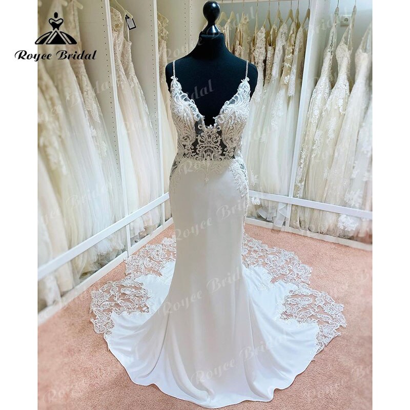 2023 Sexy Mermaid/Trumpet Lace Boho Backless Soft Satin Wedding Dress with V Neck Spaghetti Straps Wedding Gown vestido de boda
