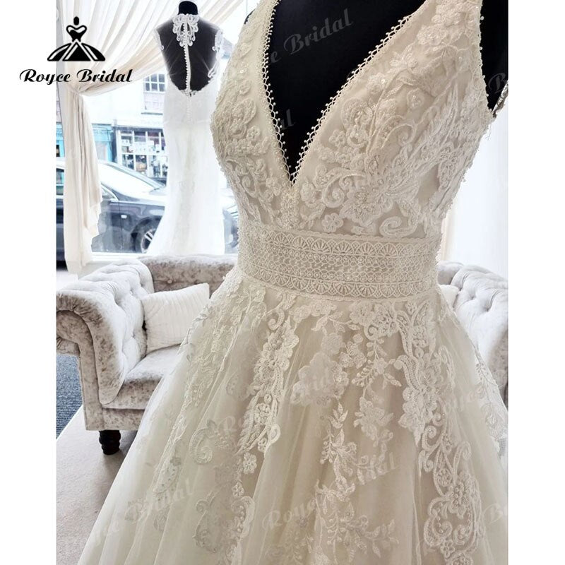 Roycebridal 2025 Vestido Vintage V Neck Lace Appliques Lace Appliques A Line Beach Wedding Dress Sweep Train Robe Sexy Bridal Beach Summer