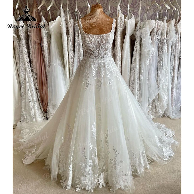 2023 hochzeitskleid Luxury Bridal Lace Wedding Gowns Elegant Square Neckline Princess Women Boho Wedding Dresses Court Train